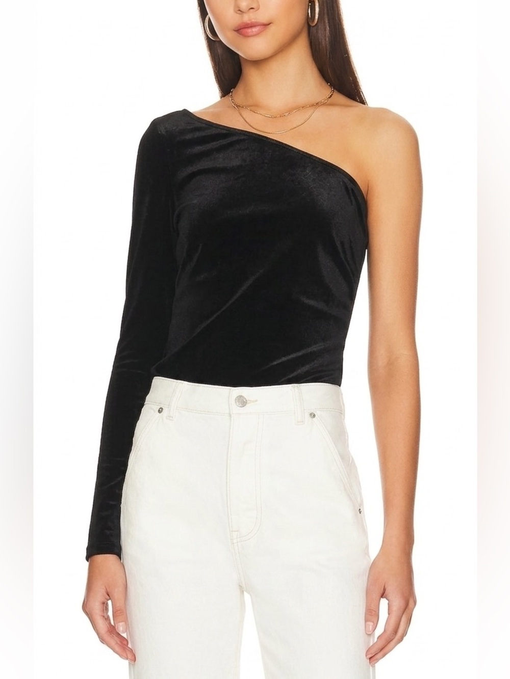New L’Agence One Shoulder Side Ruched Velvet Top Black Sz L